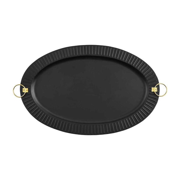 Black Oval Metal Tray with Gold Handles