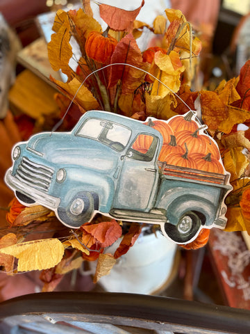 Old Blue Truck with Pumpkins Wall Hanging