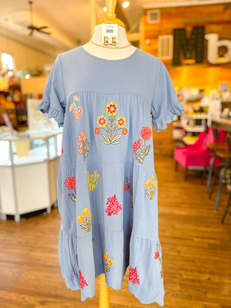 Brenlee Embroidered Babydoll Dress || Denim