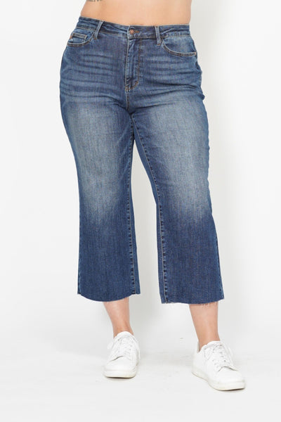 Judy Blue || Meggie High Waisted Back Pocket Embroidery Wide Jean Crop