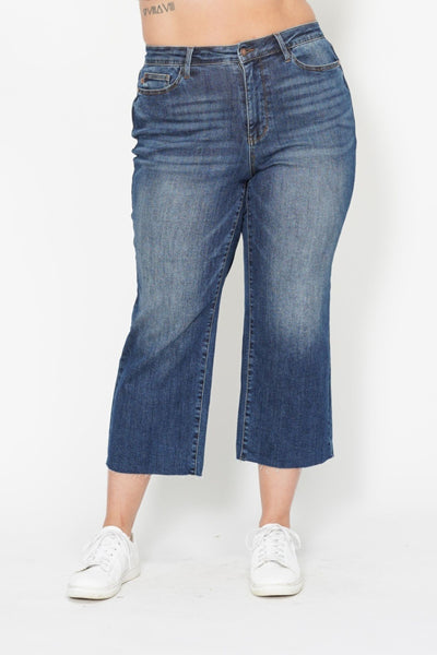 Judy Blue || Meggie High Waisted Back Pocket Embroidery Wide Jean Crop