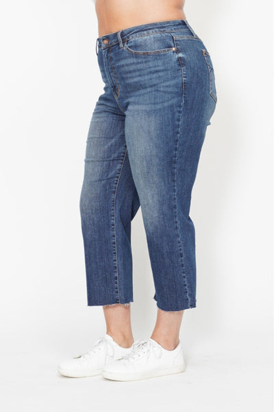 Judy Blue || Meggie High Waisted Back Pocket Embroidery Wide Jean Crop