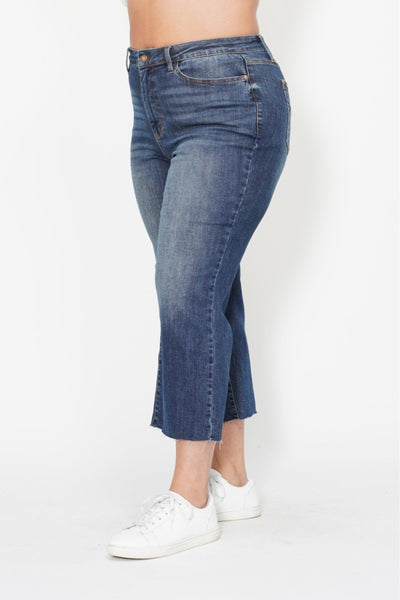 Judy Blue || Meggie High Waisted Back Pocket Embroidery Wide Jean Crop