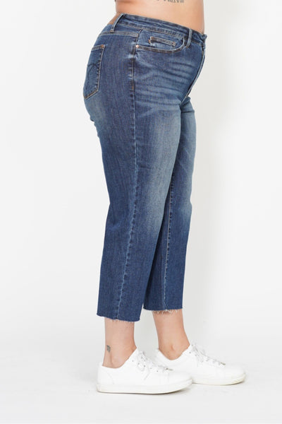 Judy Blue || Meggie High Waisted Back Pocket Embroidery Wide Jean Crop