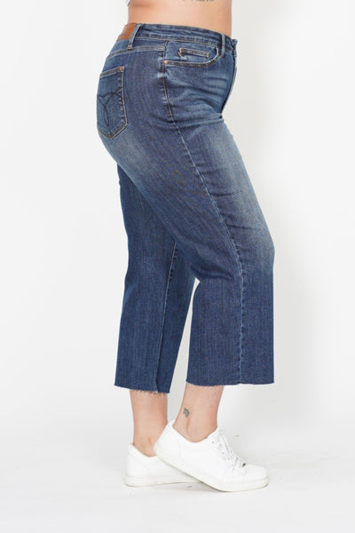 Judy Blue || Meggie High Waisted Back Pocket Embroidery Wide Jean Crop