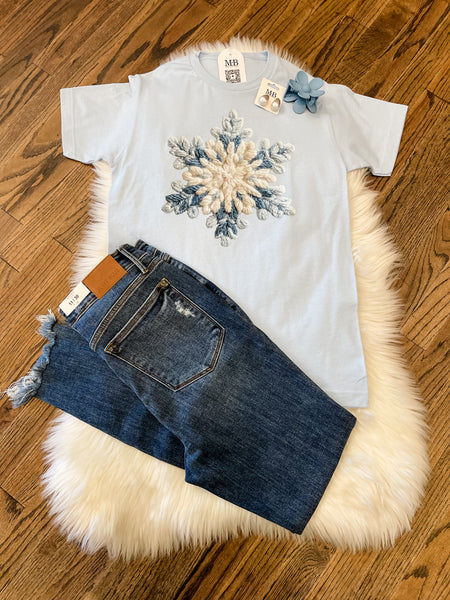Blue Snowflake Faux Yarn Applique Tee