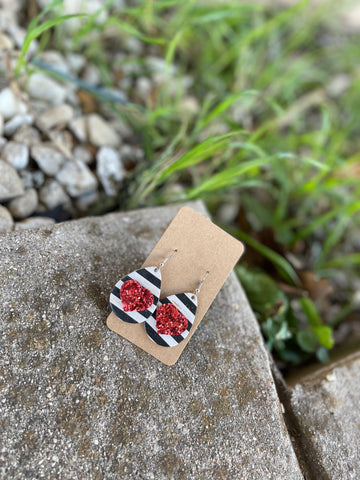 Black + White Stripped Heart Tear Drop Earrings w/Red