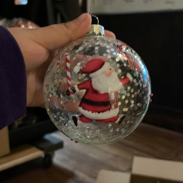 4" Glass Santa w/Present Ball Ornament
