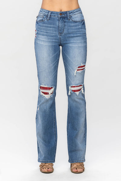 Judy Blue || Delilah Mid Rise Plaid Patch Detail Bootcut Jean