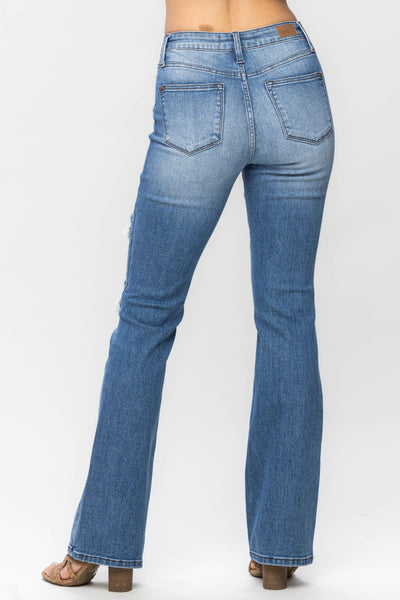 Judy Blue || Delilah Mid Rise Plaid Patch Detail Bootcut Jean