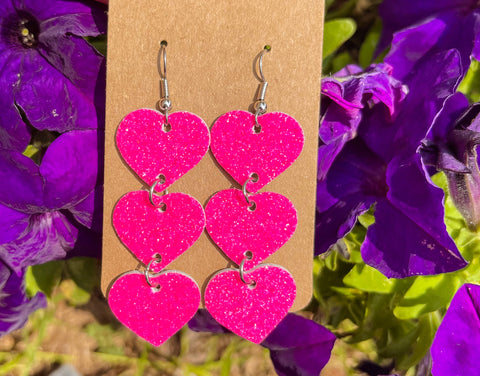 Triple Stacked Hearts Earrings || Neon Pink Glitter