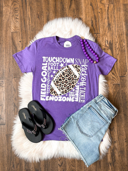 Leopard Football with Scattered Words Tee - Purple