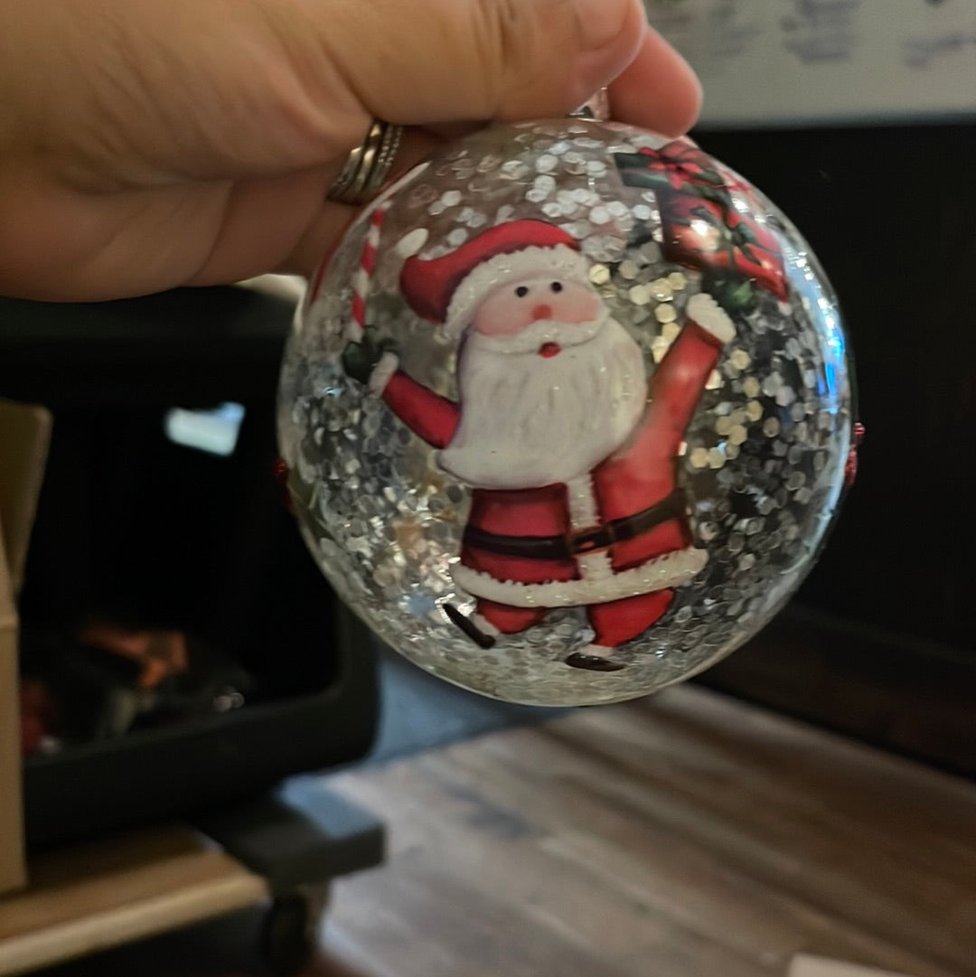 4" Glass Santa w/Present Ball Ornament