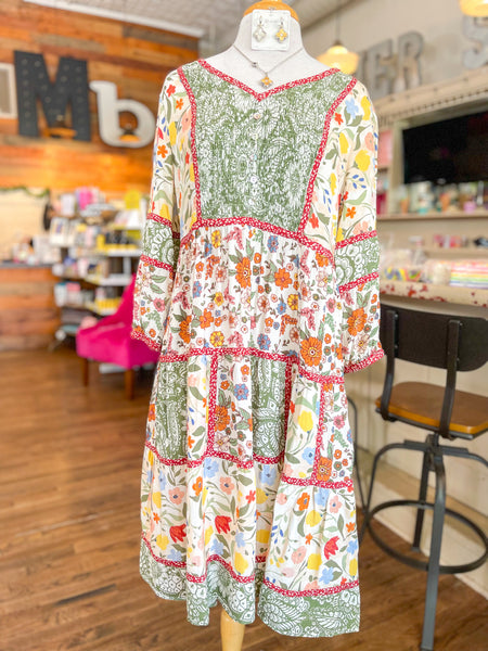 JOHN MARK || JULIETTE MIX PRINT TIERED DRESS WITH SMOCKED PLACKET