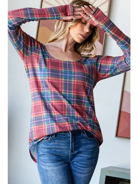 Melissa Navy + Red Plaid Long Sleeve Top with Thumbhole