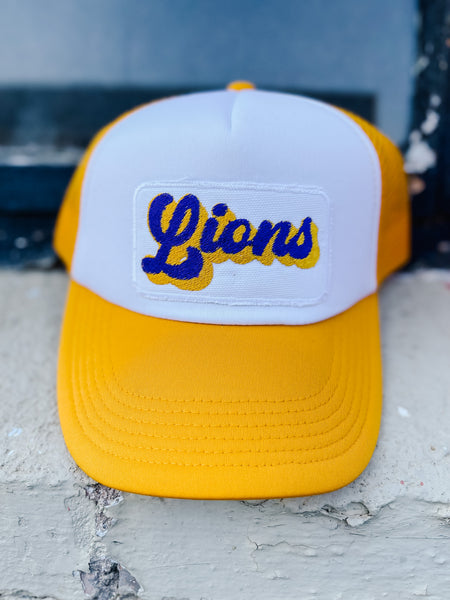 Lucky Spirit Script Trucker Hat || Lions on Yellow / White
