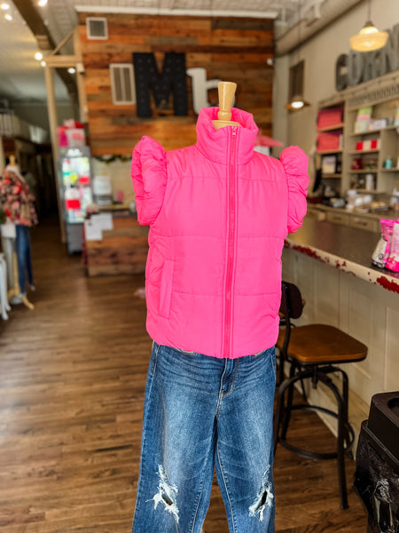 Lile Ruffle Quilted Vest || Pink