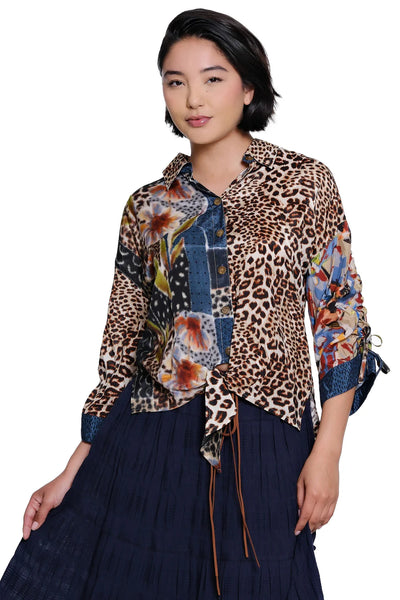 JOHN MARK || Margot Tie Front Blouse in Mix Print