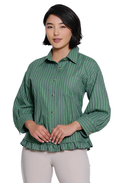 Ali Miles || Adley Ruffle Hem Button Front Top - Herb Stripe