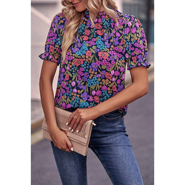 Allover Floral Print Elastic Sleeves Fit Blouse