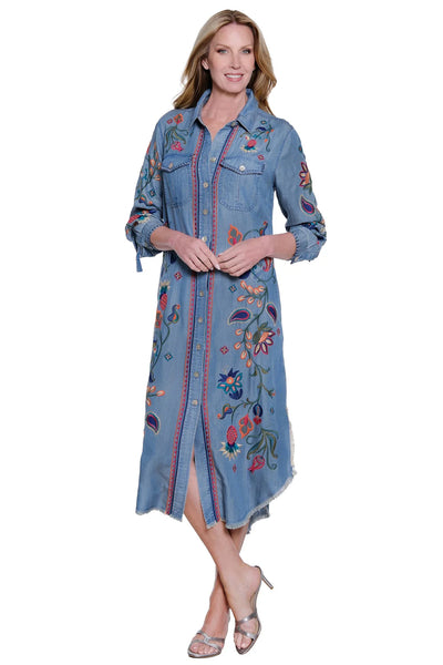 JOHN MARK || Maddie Denim Button Front Dress with Embroidery