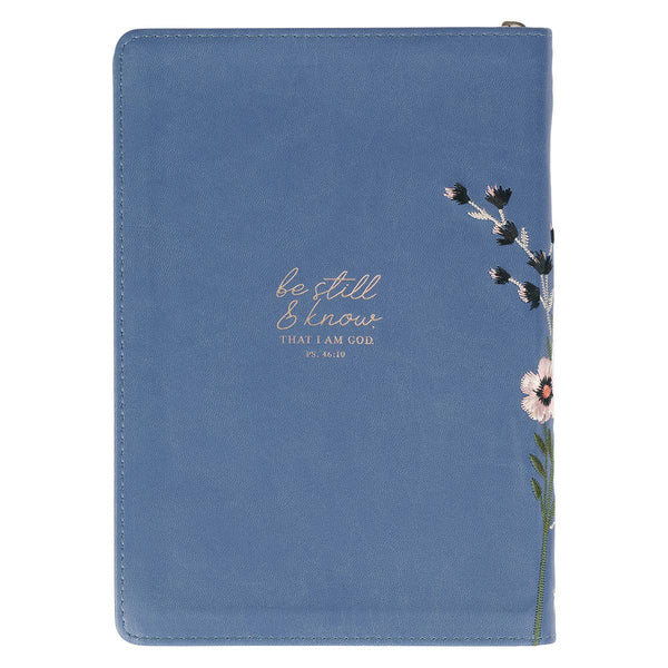 Be Still Floral Embroidered Blue Faux Leather Classic Journa