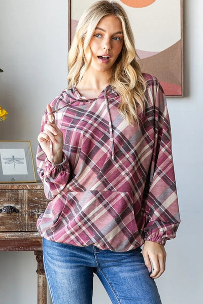 Paula Plaid Long Puff Sleeve Drawstring Hoodie