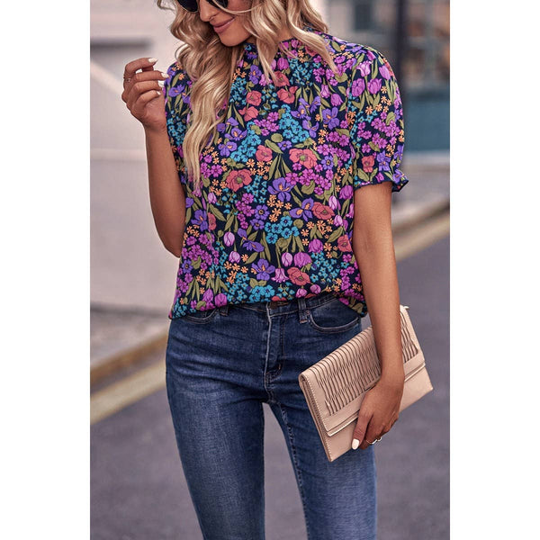 Allover Floral Print Elastic Sleeves Fit Blouse