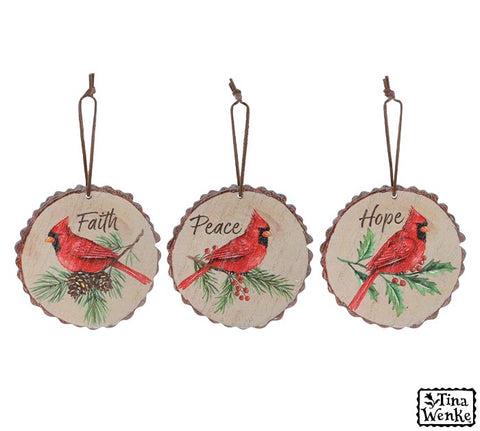 CARDINAL WOOD DISC ORNAMENT