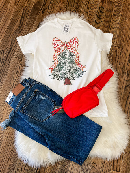 Green Floral Christmas Tree on White