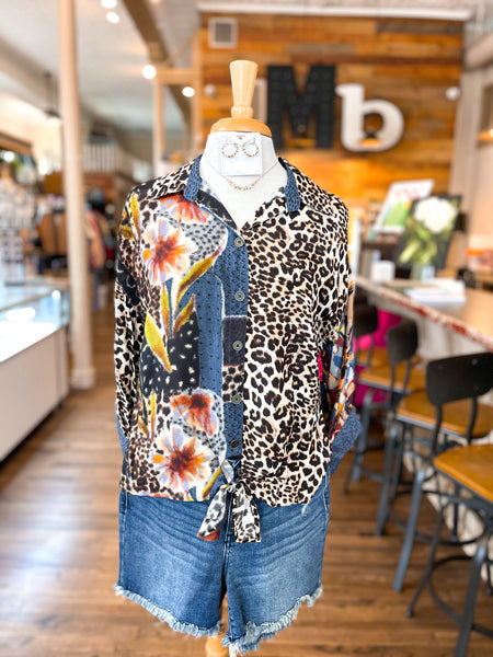 JOHN MARK || Margot Tie Front Blouse in Mix Print