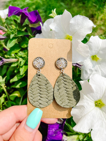 Leopard Stud + Braided Teardrop Earrings ||Olive Green