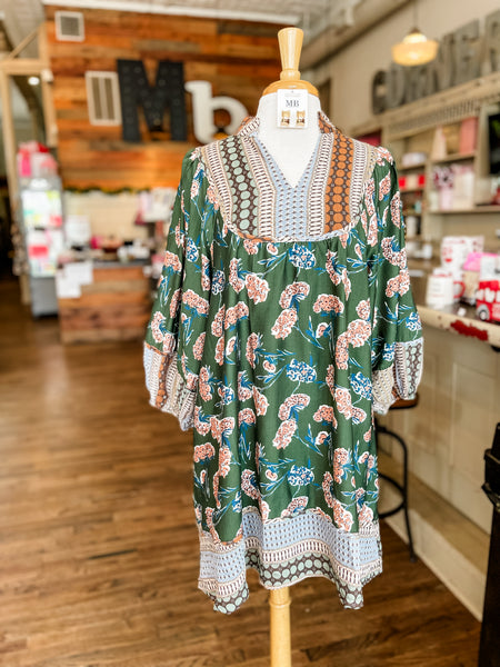 Bridget Border Print Tunic Dress || Palm Green