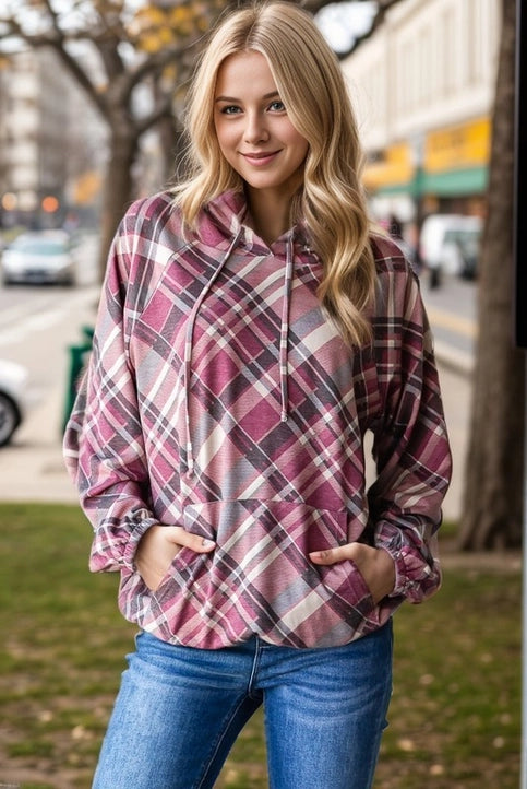 Paula Plaid Long Puff Sleeve Drawstring Hoodie