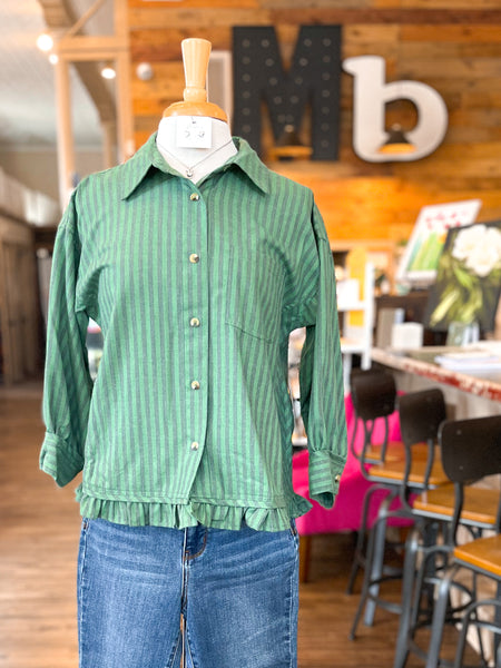 Ali Miles || Adley Ruffle Hem Button Front Top - Herb Stripe