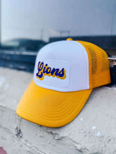 Lucky Spirit Script Trucker Hat || Lions on Yellow / White