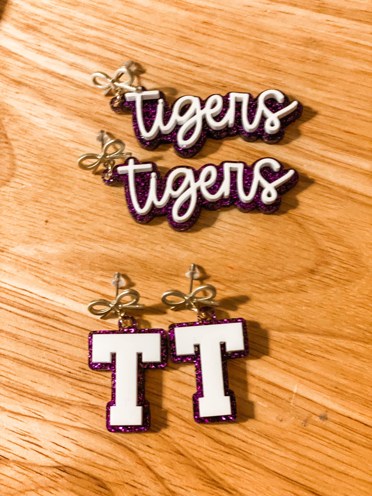 Team Spirit Script Mascot Earrings || Purple + White Tigers