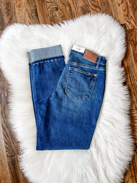 Judy Blue || Jaclyn Mid Rise Boyfriend w/Cuff - Vintage Wash