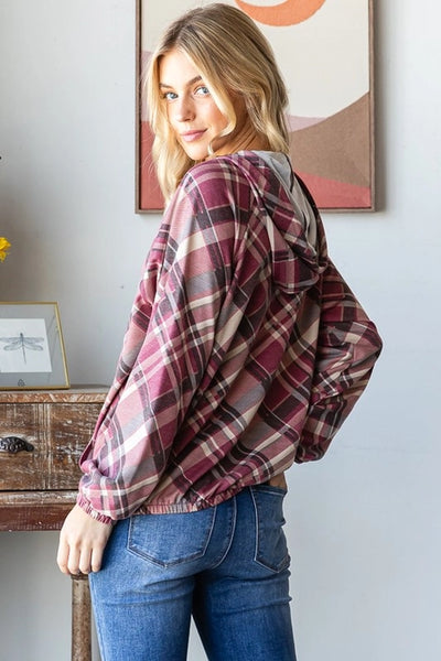 Paula Plaid Long Puff Sleeve Drawstring Hoodie