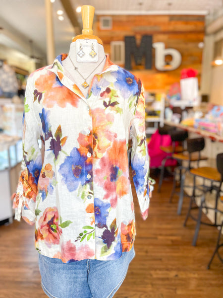 JOHN MARK || JEWEL LINEN WATERCOLOR FLORAL BLOUSE