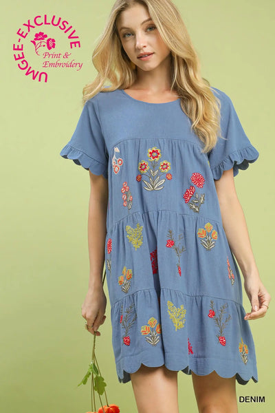 Brenlee Embroidered Babydoll Dress || Denim