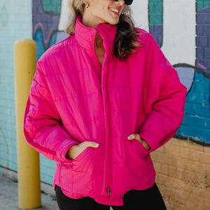 Lightweight Quilted Squares Zipper Jacket || Hot Pink