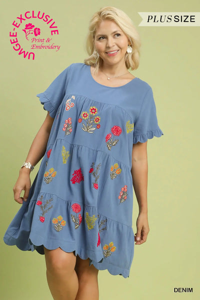 Brenlee Embroidered Babydoll Dress || Denim