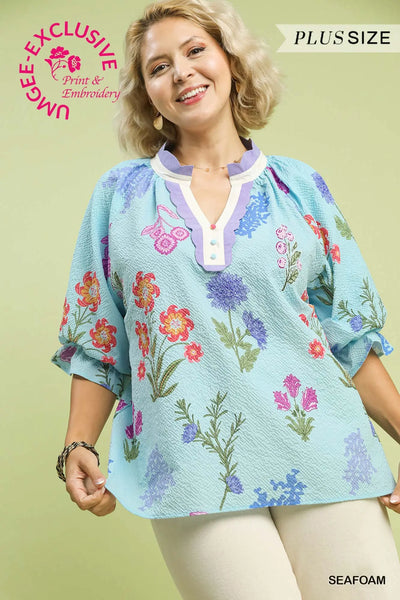 Livi Floral Blouse with Scallop Trim Collar in Seafoam