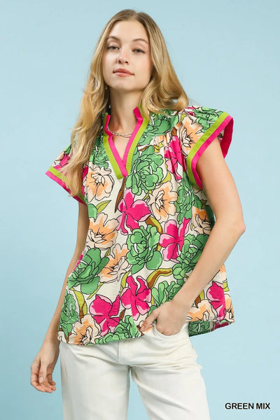 Lillian Floral V-Neck Blouse with Contrast Trim