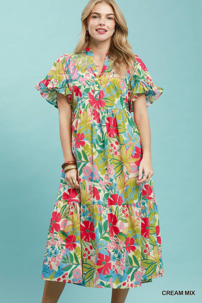 Maisie Tropical Floral Ruffle Sleeve Dress || Cream Mix
