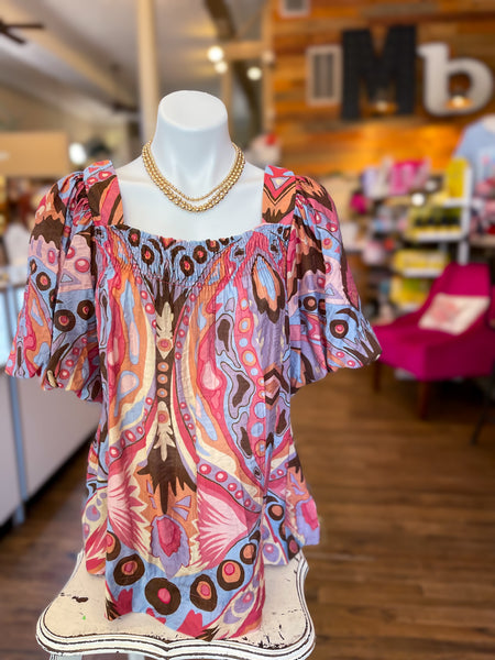 Joy Square Neck with Smocking Detail Top || Pink Mix