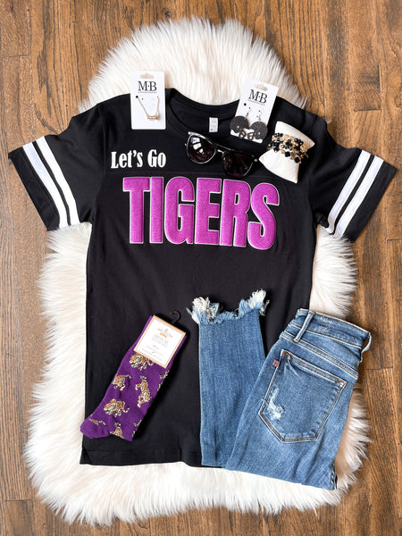 Let's Go Tigers - Black Jersey Tee with Purple Glitter