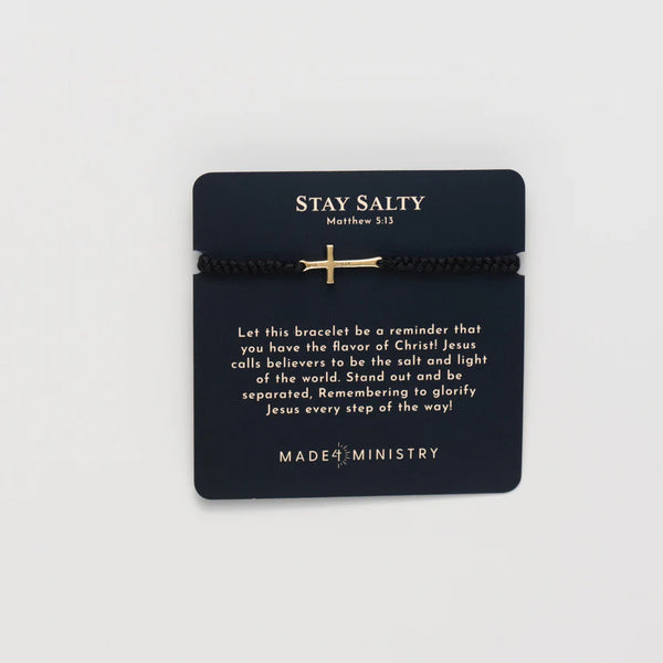 Rizen - Made 4 Ministry || Stay Salty Cross Black Cord Bracelet - Gold
