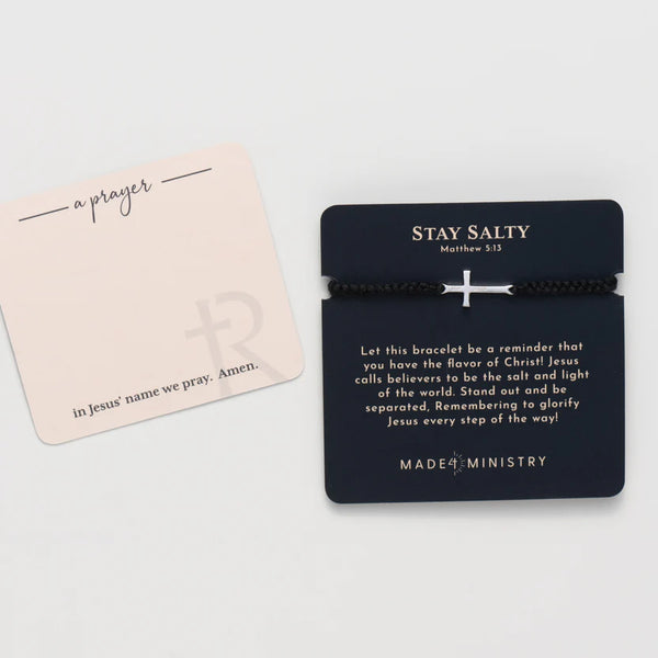 Rizen - Made 4 Ministry || Stay Salty Cross Black Cord Bracelet - Silver
